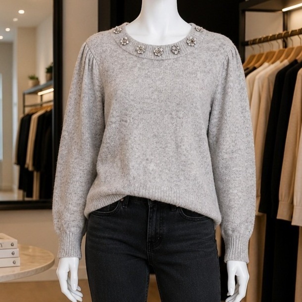 Avara Women Sweater Grey Sequin Flower Embellished Puff Sleeve M